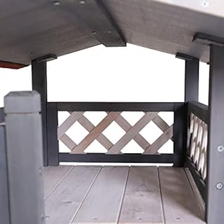 lionto Casa per gatti con terrazza e scala, rifugio da esterno in legno resistente 77x50x73 cm, protegge dalle intemperie con lamelle in PVC antivento, include istruzioni di montaggio, grigio/bianco