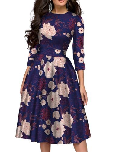 Image of Simple Flavor Women's Floral Vintage Dress Elegant Midi Evening Dress 3 /4 Sleeves