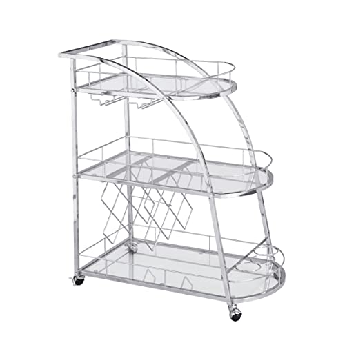 Chrome Mobile Bar Cart Serving Wine Cart With Wheels, 3-Tier Metal Frame Elegant Wine Storage For Kitchen, Party, Dining Room And Living Room, Silver #TOP22