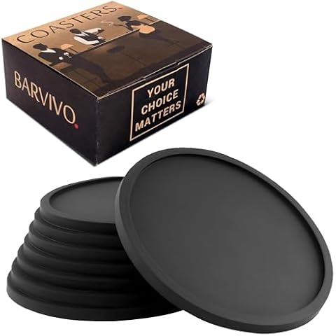 Barvivo Silicone Coasters with Holder Set of 8 - Cup Coasters for Indoor and Outdoor, Perfect Durable Coaster for Tabletop Protection, Anti Slip, Suitable for All Drinks and Table Types - Black Cover