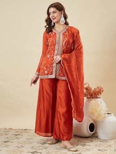 Image of MOKOSH Women's Silk Embroidery Kurta Sharara with Dupatta | Kurta Set | V Neck Full Sleeve Ethnic Suit | Indian Kurta Outfit with Sharara |3 Piece Outfit