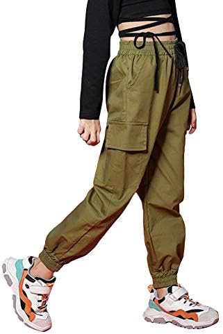 Rolanko Girls Cargo Pants Jogger Trousers with Pocket Street wear Boys Running Pants Clothing Army Green