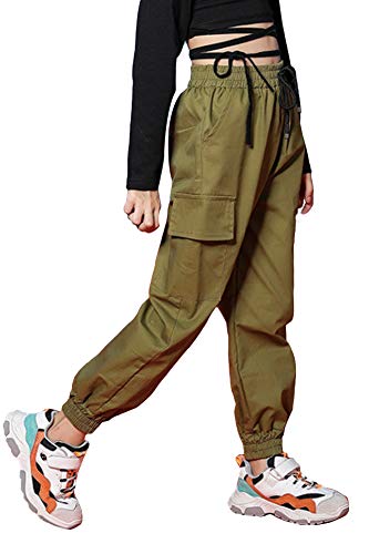 Rolanko Girls Cargo Pants Jogger Trousers with Pocket Street wear Boys Running Pants Clothing Army Green