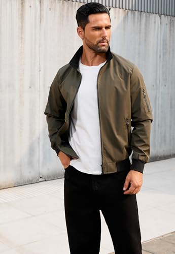 Image of QTE Army green Jacket for Men Fashion Windproof Bomber Jackets Coat Lightweight Casual Spring Fall Stand Collar Windbreaker Zip Up with Pocket