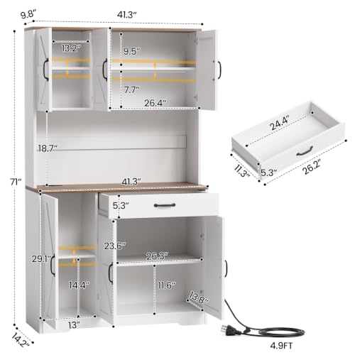 GRUSIGN 71" Pantry Cabinet with Charging Station, Large Capacity Kitchen Hutch Storage Cabinet, Kitchen Cabinet with Microwave Stand, Storage Drawers & Adjustable Shelves for Dining Room, White - Image 4