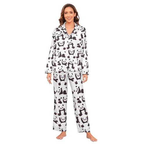 HMZXZ Cartoon Panda Women's Pajama Set Satin Pajama Set Long-sleeve Classic 2 Piece Panda Bear Pjs Sets for Women S-XXL Multi