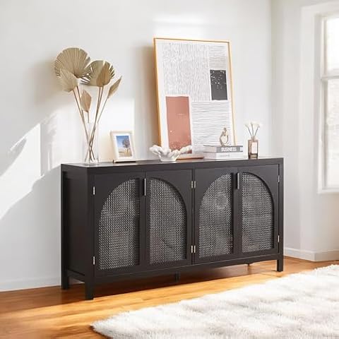 VLOJELRY Black Buffet Sideboard Cabinet with Storage, Kitchen Rattan Storage Cabinet with 4 Arched Doors, Large Storage Kitchen Console Table for Kitchen, Living Room, Entryway Cover