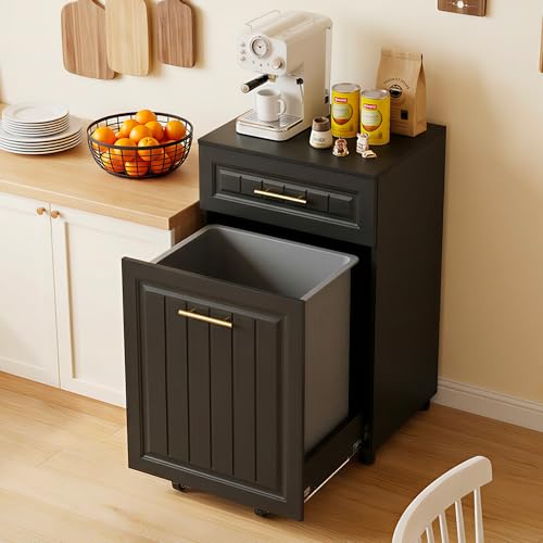 ZIFTY Pull Out Trash Can Cabinet for Double 7 Gallon or 13 Gallon Bin, Freestanding Kitchen Trash Bin Cabinet with Drawer, Pet Proof Hidden Garbage & Recycling Storage for Laundry & Living Room, Black