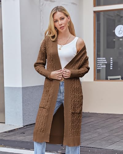 Image of Onedreamer Womens Long Cardigan Sweaters Open Front Cable Knit with Pockets