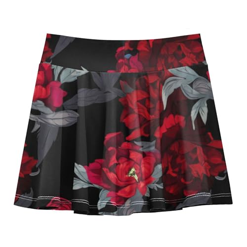 Red Peonies Green Leaves Black Girls Skorts Athletic Shorts Tennis Skirts Toddler Floral Pleated 3t2
