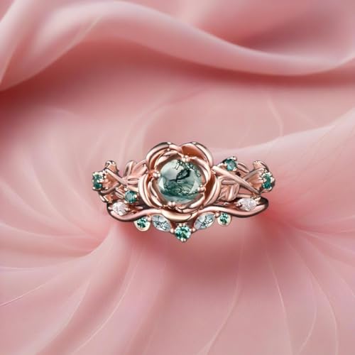 Natural Moss Agate Ring for Women 925 Sterling Silver 10K 14K 18K Rose Gold Moss Agate Engagement Ring Set Jewelry Gift for Her Customizable Bridal Wedding Ring Set Gift for Wife Ring Size 4-154