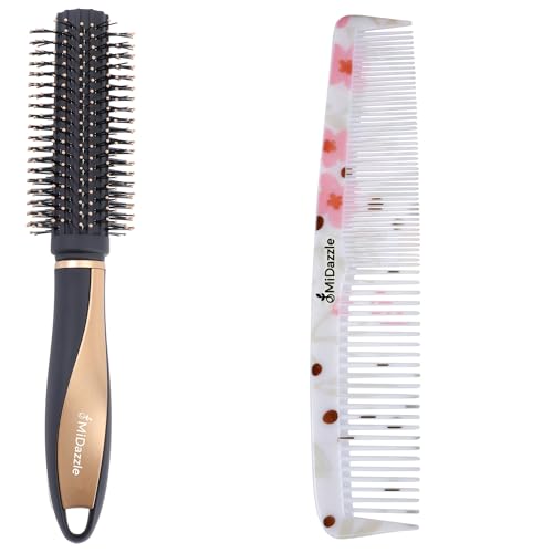 Image of Midazzle Premium Round Hair Brush and Elegant Comb Set, 2 Pieces, Black