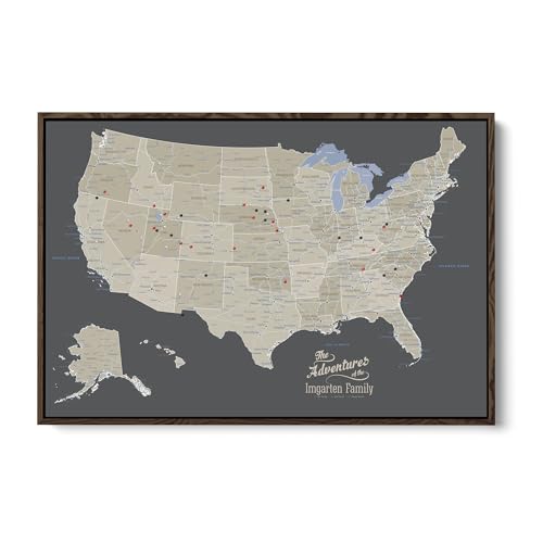 Image of United States Travel Map with Pins - Earth Tone USA Pinnable Map to Track Travels - Large Canvas Wall Art Gift for Travelers - Brown Float Frame - 30 inch x 45 inch