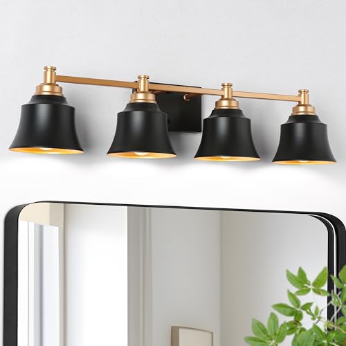 Image of KSANA Bathroom Light Fixtures, 4 Light Black and Gold Powder Room Wall Lights Over Mirror, 30 Inch Modern Farmhouse Metal Vanity Lights