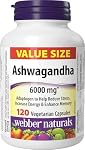 Webber Naturals Ashwagandha 6000 mg, 120 Capsules Adaptogène, aide à réduire le stress, augmenter l'énergie, végétalien