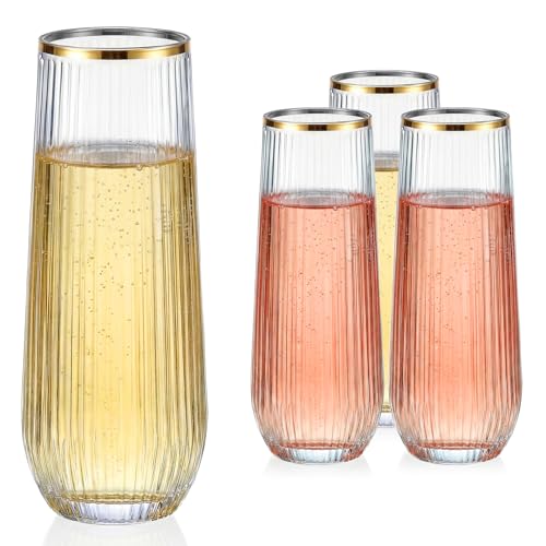Image of GuanQiao 12 Pack 9oz Stemless Plastic Champagne Flutes with Gold Rim