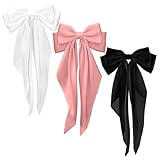 Silky Satin Hair Bows, 3 PCS Big Black White Pink Bowknot Set Metal Spring Clip Oversized Long Tail Hair Ribbons Ponytail Holder French Barrettes Hair Accessories for Women, Christmas Gifts