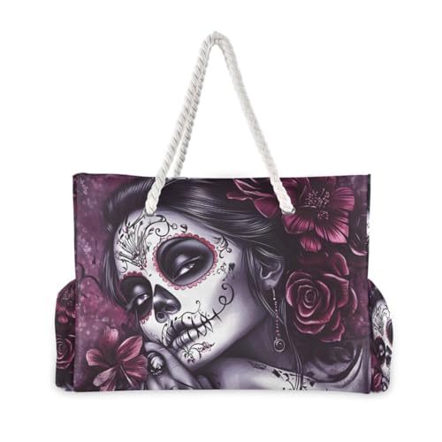 Purple Sugar Skull Face Beach Bag for Women Large Beach Tote Bag with Zipper for Travel Vacation