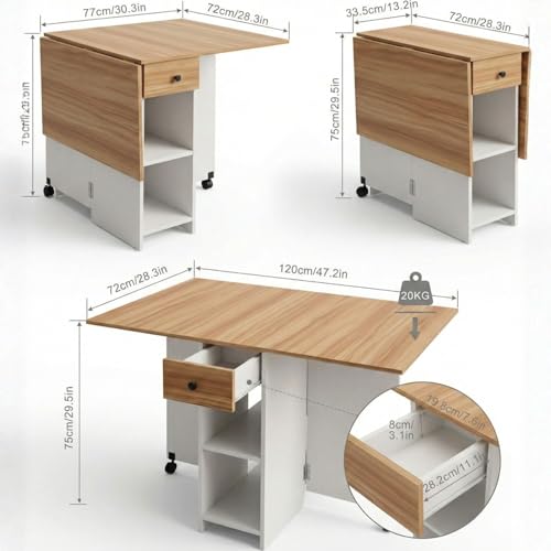 Image of FFO Folding Dining Table for Small Spaces | Compact Table with Drawer & Storage Shelves | Red Oak & White Finish | 120 x 72 x 75 cm | DIY.