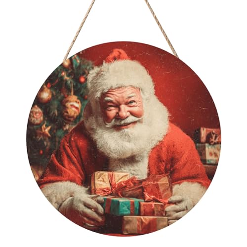 Panneau de bienvenue en bois rond à suspendre avec inscription « Smiling Santa Claus Sitting At The Table » - 30 cm