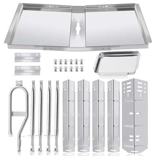 Criditpid Grill Replacement Parts for Dyna Glo 5 Burner DGH474CRP, DGH485CRP, DGH483CRP, 4 Burner DGH450CRP, 24"-30" Adjustable Grease Tray Drip Pan and Grill Heat Plats Kit for Dyna-glo Grill Parts