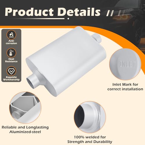 Image of A-KARCK Universal Exhaust Muffler 2.25 inch Center Inlet 2.25 inch Center Outlet, 17.3 inch Overall Length Aluminized Steel Aggressive Sound Race Muffler for Cars, Trucks