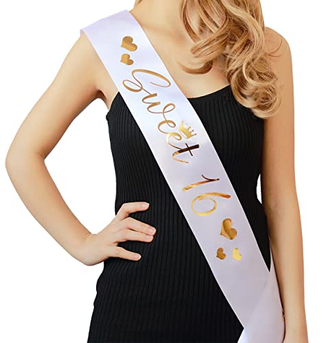 Docooniver Sweet 16 Sash for Girls 16th Birthday Sash White with Gold Foil Lettering.