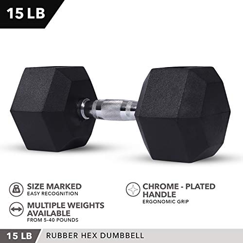 Day 1 Fitness Rubber Hex Dumbbell Shaped Heads to Prevent Rolling and Injury - Ergonomic Hand Weights for Exercise, Therapy, Building Muscle, Strength and Weight Training - 15 lb Single