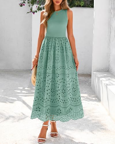 Image of dowerme Women Summer Dresses 2026 Casual Sleeveless Crewneck A-Line Boho Lace Eyelet Cotton Tank Maxi Dress with Pockets
