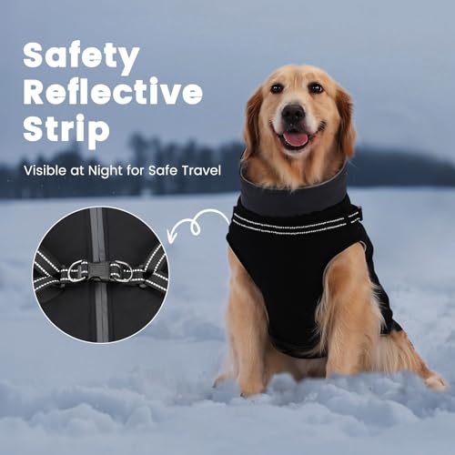 PETTOM Hundemantel Wasserdicht Mit Geschirr, Winter Warm Winterjacke, Fleece für Große Mittelgroße Hunde (Schwarz, 3XL)