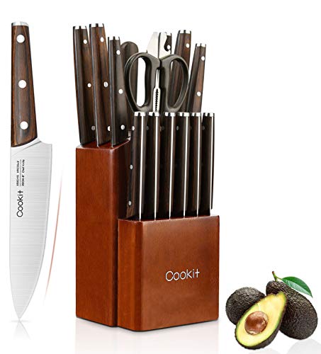 Knife Sets for Kitchen, 15 Piece Kitchen Knife Sets with Block, German Stainless Steel Knives Set, Wood Handle with Manual Sharpener, 6 Serrated Steak Knives