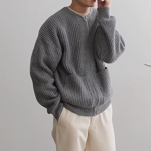Warm Knitted Sweater Outwear Front Zipper Cardigan Men's Collarless with Closure Pockets Autumn Winter Solid3