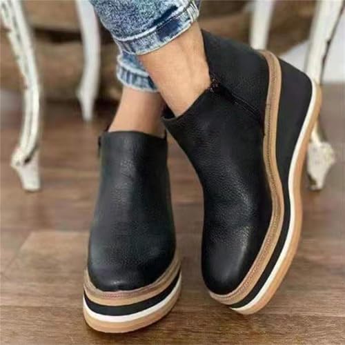 Womens Wedge Ankle Boots Casual Round Toe High Heel Boots Chunky Bottom Walking Shoes Dressy Short Chelsea Booties Classic Leather Zipper Shoes3