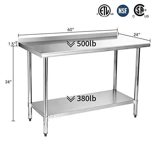 Image of STABLEINK NSF Stainless Steel Table 60x24 Inches 5ft, Metal Prep & Work Table with Backsplash and Adjustable Undershelf, for Commercial Kitchen, Restaurant, Hotel, Laundry and Garage