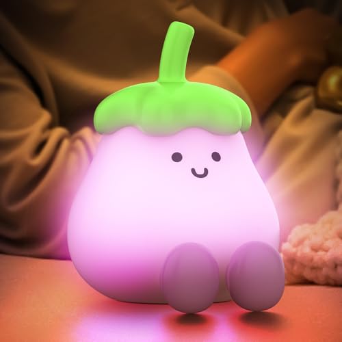 Smiling Shark ベッドサイドランプ 【オシャレさんナス・プニプニした手触り】ナイトライト 柔らかい 間接照明 タッチセンサー 3段階調光 暖色 1200mAh USB充電式 120時間持続可能 タイマー設定 メモリー機能 省エネ 超軽量185g 常夜灯 目に優しい 授乳/おむつ替え用 出産祝い/誕生日/ギフト/寝室/防災/停電用 可愛いシリーズ （茄子）