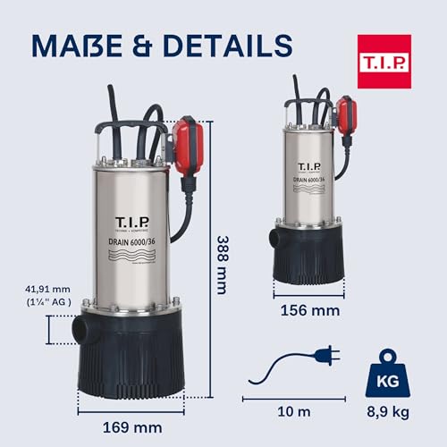 T.I.P. Drain 6000/36 Edelstahl-Tauchdruckpumpe, 950 W Klarwasser-Pumpe mit 6.000 l/h Förderleistung, 34 m Förderhöhe (3,4 bar), 10 m Kabel, 7 m Eintauchtiefe, für Zisterne, Garten, Haus & Bewässerung