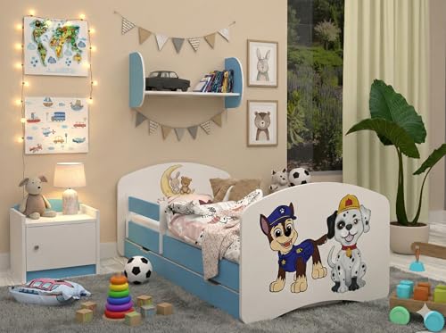 Happy Babies Kinderbett - mit Rausfallschutz Junge 140x70 Bett für Kinderzimmer mit Schublade & Matratze Einzelbett für Kinder Weiß/Blau HundemotivBlau