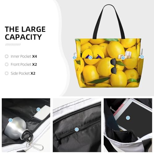 Lemon Large Beach Bag for Women Travel Tote Bags with Zipper and Pocket for Pool Gym Camping3