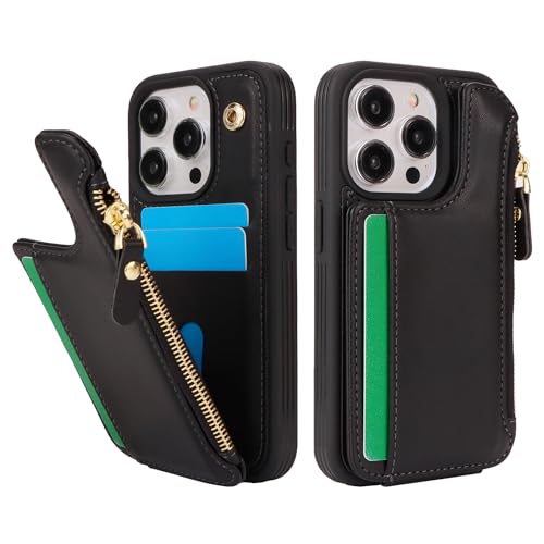 Image of Cavor for iPhone 13 Pro Case with Card Holder,for iPhone 13 Pro Wallet Case for Women Men,Leather Magnetic Clasp Zipper Pocket Protective Phone Cover-Black