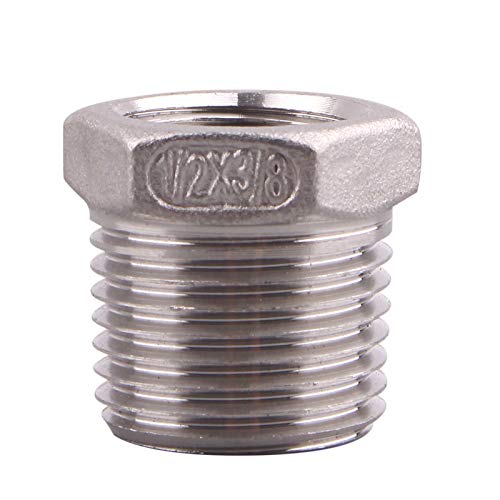DERPIPE Stainless Steel Reducer Hex Flush Bushing, 1/2\" NPT Male 3/8\" NPT Female ,Reducing Adapter Cast Pipe Fitting (pack of 2)
