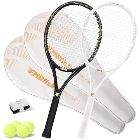 MBFISH Tennis Racket - Super Value Set with Pre-Strung, Comfortable Handle, 27'' Tennis Racquet for Adults, Includes 4 Tennis Balls, 2 Overgrips and 2 Tennis Bag (White Black) Cover