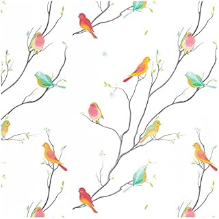 SUNBABY Self Adhesive Wallpaper: Birds Floral Wallpaper Peel and Stick Wallpaper Removable PVC Vinyl Film Wallpaper Stick on Wallpaper for Bedroom Kitchen
