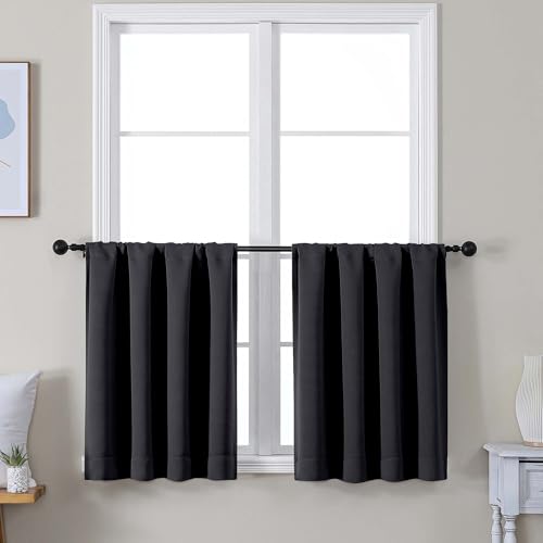 Image of Simplebrand Ava Black Short 30 Inches Blackout Curtain 2 Panels Set, Half Window Rod Pocket Privacy Curtain Tiers for Kitchen, Curtains Blackout for Bathroom Shades, W30 x L30 Inch, Black