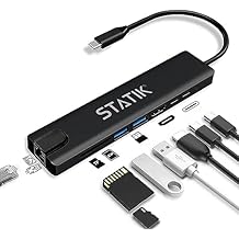 موزع USB C مزود بتقنية STATIK UltraHub - محول متعدد المنافذ - محطة إرساء 8 في 1 مع منفذ USB C HDMI بدقة 4K، وشبكة إيثرنت بسرعة 100 ميجابت في الثانية، وقارئ بطاقات SD/TF وقاعدة إرساء للكمبيوتر المحمول