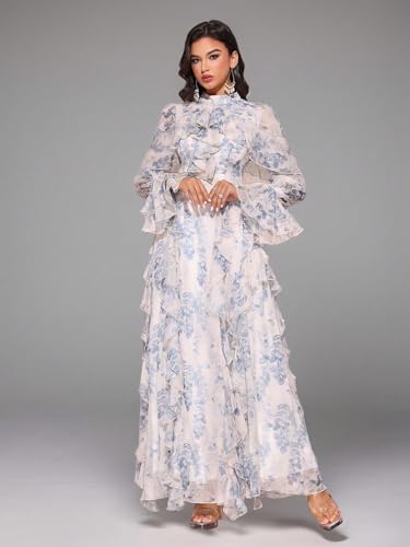 Image of TOLEEN Summer Casual Dresses for Women 2024 Spring Fashion Boho V Neck Long Sleeve Ruffle Floral Print Elegant Maxi Dress