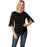 GRACE KARIN Camisa de Encaje Mujer Camisa de Encaje Casual Camisa de Cuello Redondo Suelto Casual Blusa de poliéster Negro L