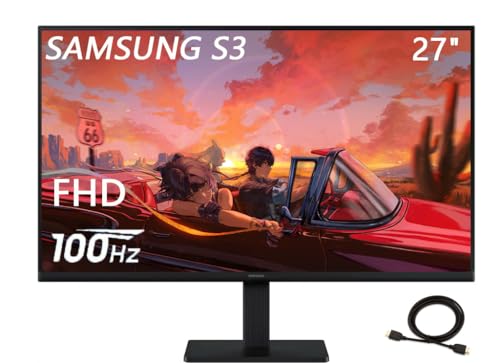 Image of Samsung 27 inch S3 Series IPS LED FHD Monitor, Game Mode, 100Hz Refresh Rate, Eye Saver Mode, HDMI, D-sub, Black, with HDMI Cable