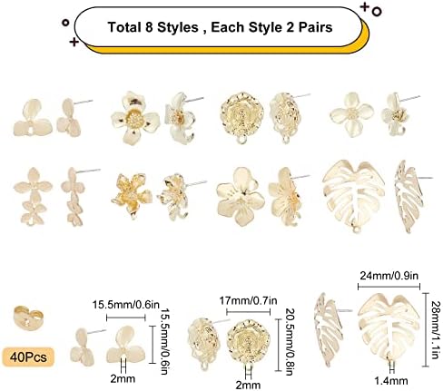 SUNNYCLUE 1 Box DIY 16 Pairs Flower Leaf Stud Earring Findings Stainless Steel Earrings Findings Flower Ear Post with Ear Nuts for DIY Earring Jewelry Making