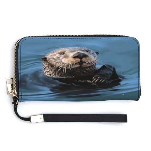 WYUSPGK Carteira de couro PU, carteira feminina com estampa de lontra marítima, carteira de grande capacidade, carteira longa para mulheres, carteira clutch portátil, estilo, 20 x 10,5 cm, moderna
