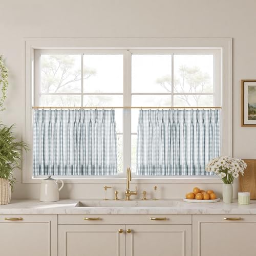 Image of TWOPAGES Pinch Pleat Cafe Curtains 30 Inch Long Buffalo Plaid Light Filtering Farmhouse Half Window Curtains for Bathroom (Light Blue Small Plaid, 26W x 30L Inches, Set of 2)